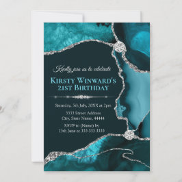 Aquamarin Blue und Silver Glitzer Agate Geburtstag Einladung