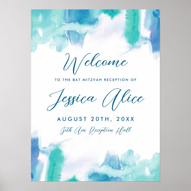 Aquamarin Blue Watercolor Gefärbte Krawatte Bat Mi Poster (Vorne)