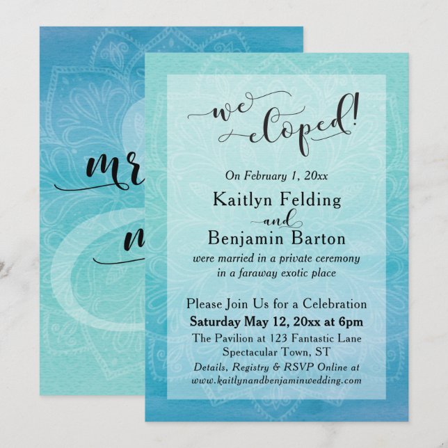 Aquamarin Blue Watercolor Ombre Mandala We Eloped Einladung (Vorne/Hinten)