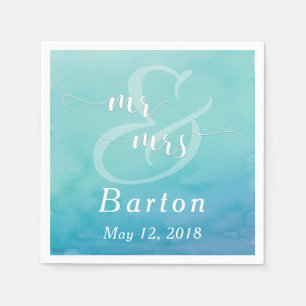 Aquamarin & Blue Watercolor Wedding Mr & Mrs Typog Serviette