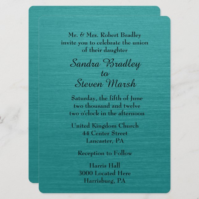 Aquamarin Blue Wedding Einladung (Vorne/Hinten)