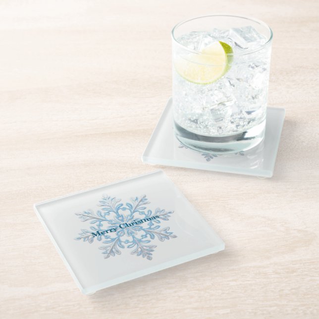 Aquamarin Blue White Christmas Snowflakes Glasuntersetzer (Schrägansicht)