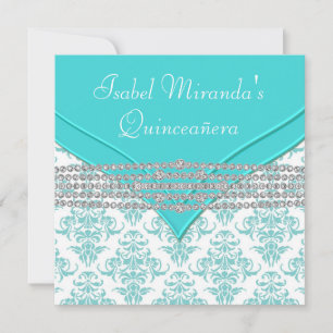 Aquamarin Blue White Damask Diamond Quinceanera Einladung