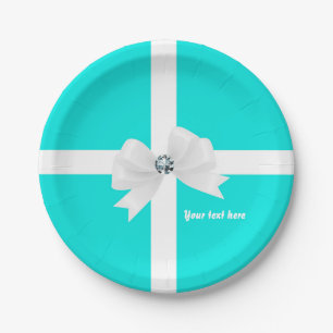 Aquamarin Blue & White Elegante Glam Diamond Bow Pappteller