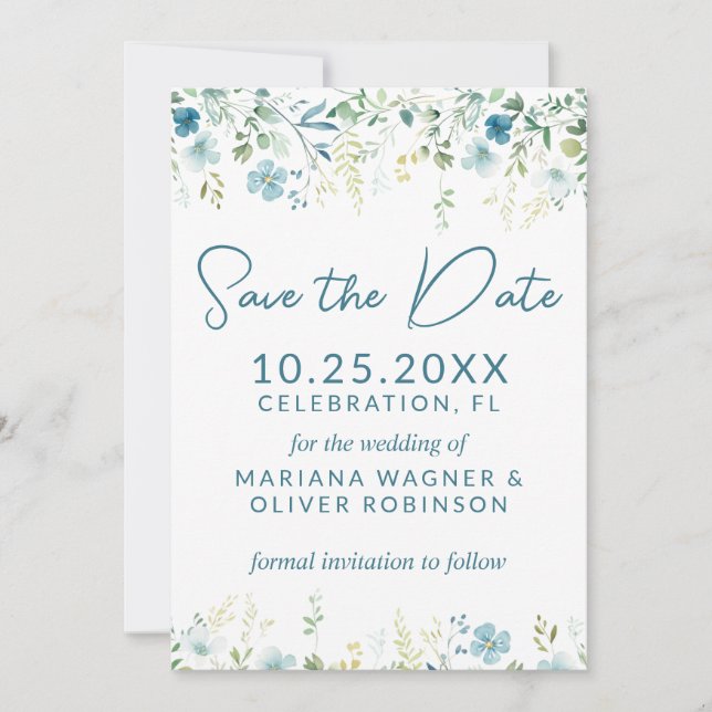 Aquamarin Blue Wildblumen Save the Date Card Einladung (Vorderseite)