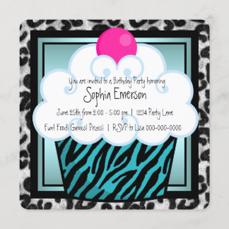Aquamarin Blue Zebra Cupcake Geburtstagsparty Einladung