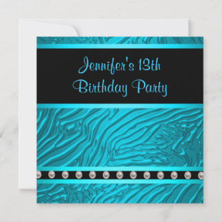 Aquamarin Blue Zebra Girls 13. Geburtstagsparty Einladung