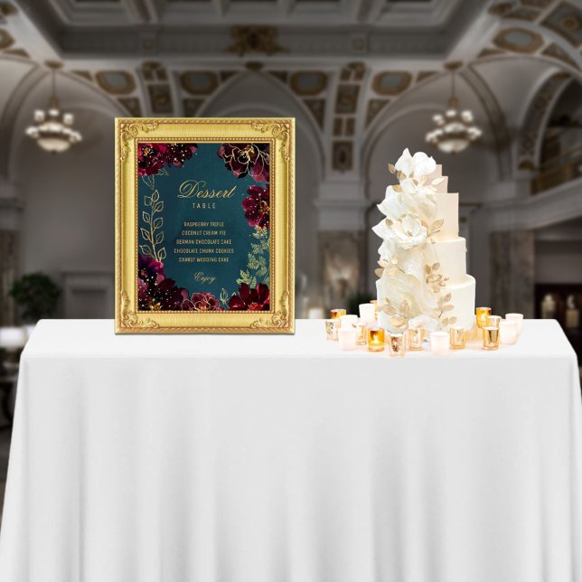 Aquamarin Bordeaux Jewel Tone Wedding Signs Satin Fotodruck (Teal Bordeaux Jewel Tone Wedding Signs suitable to frame for tables or walls. From small to X large.)