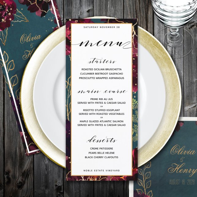 Aquamarin Bordeaux Jewel Tones Wedding Menükarte (Teal Bordeaux Jewel Tones Wedding Menu)