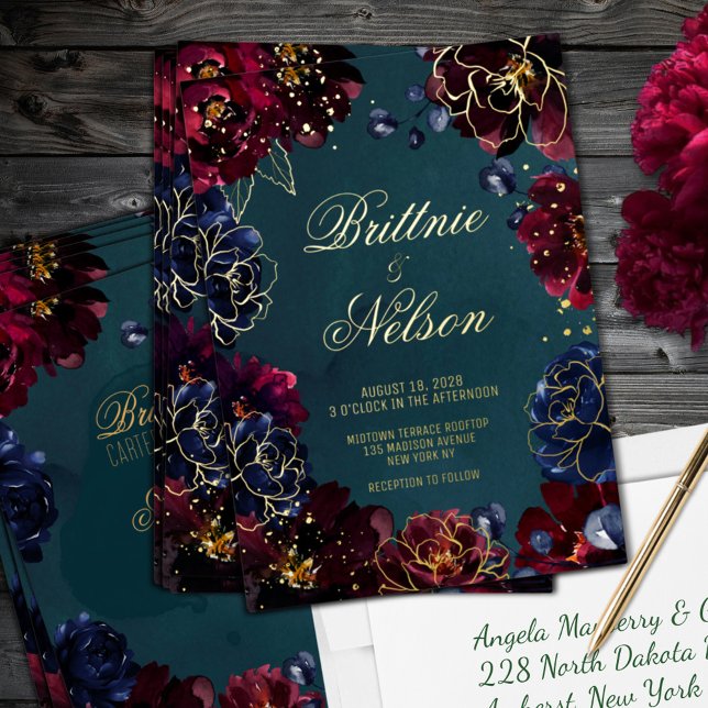 Aquamarin Bordeaux Sapphire Jewel Tone Wedding Gol Folieneinladung (Teal Bordeaux Sapphire Jewel Tone Wedding Gold Foil Invitation)