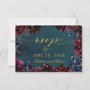 Aquamarin Bordeaux Sapphire Jewel Tone Wedding Ret RSVP Karte
