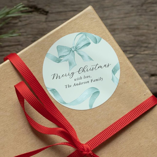 Aquamarin Bow Frohe Weihnachten Runder Aufkleber (Von Creator hochgeladen)