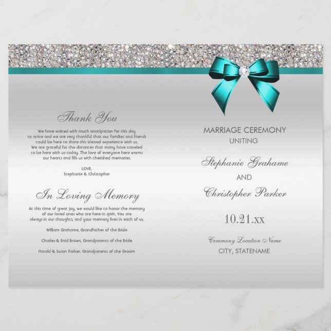 Aquamarin Bow Silver Sequins Hochzeitsprogramm (Vorderseite)