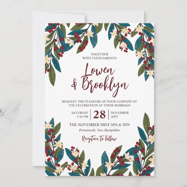 Aquamarin & Burgund Floral Berry Twigs Wedding Einladung (Vorderseite)