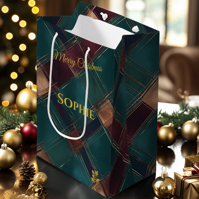 Aquamarin, Burgund & Gold Crisscross Karierte Weih Mittlere Geschenktüte (Von Creator hochgeladen)