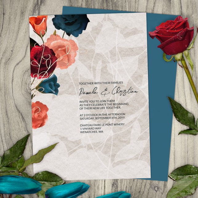 Aquamarin, Burgund, Rose Gold, Boho Garden Wedding Folieneinladung (summer sangria berry wine red burgundy rose gold peach wedding color palette invitations gold leaves)
