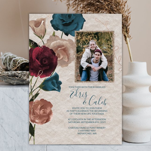 Aquamarin, Burgund, Rose Gold Rose Hochzeit Folieneinladung (Blush, Beige, Burgundy, Teal Wedding Bouquet Roses Invitation, Rose Gold Foil Leaves)