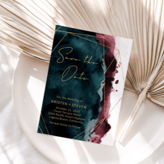 Aquamarin & Burgund Wasserfarbe Save the Date Einladung