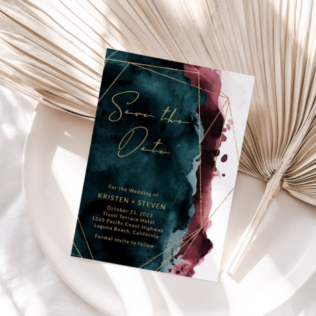 Aquamarin & Burgund Wasserfarbe Save the Date Einladung (Von Creator hochgeladen)
