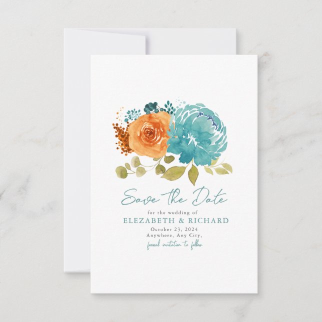 Aquamarin Burnt Orange Bouquet Fall Floral Save The Date (Vorderseite)
