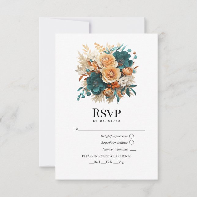 Aquamarin, Burnt Orange & Champagne Blumenzehen RSVP Karte (Vorderseite)