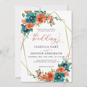 Aquamarin Burnt Orange Floral Gold Hochzeit im Her Einladung