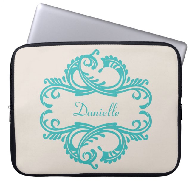 Aquamarin-Chic Damask Laptop-Sieb Laptopschutzhülle (Vorderseite)