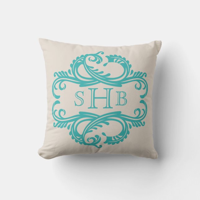 Aquamarin-Chic-Damask Monogram-Pillow Kissen (Vorderseite)