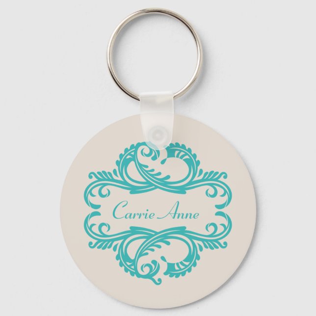 Aquamarin Chic Damask Schlüsselanhänger (Vorderseite)