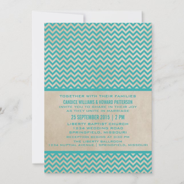 Aquamarin Chic Zickzack Wedding Einladung (Vorderseite)