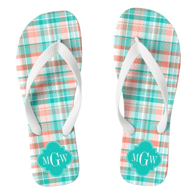 Aquamarin Coral White Preppy Monogram Flip Flops (Fußbett)