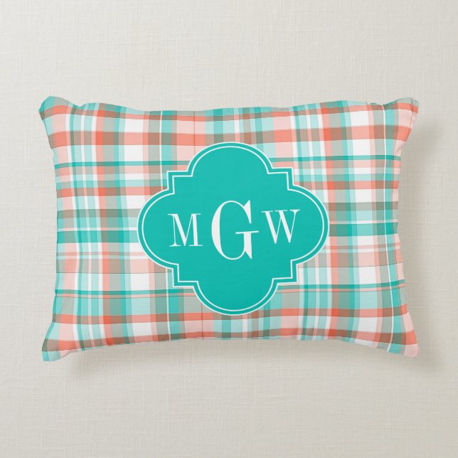 Aquamarin Coral White Preppy Monogram Zierkissen (Vorderseite)