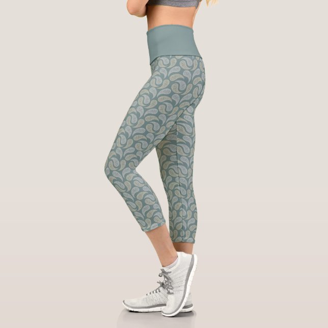 Aquamarin-Cream Paisley Pattern Hochwaisted Capris (Links)