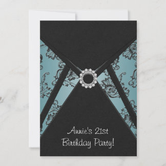 Aquamarin Damask Black 21. Geburtstagsfeier Party Einladung