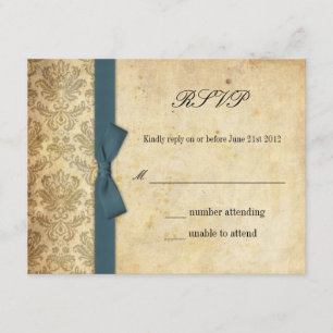 Aquamarin Damask Bow Wedding RSVP Karte