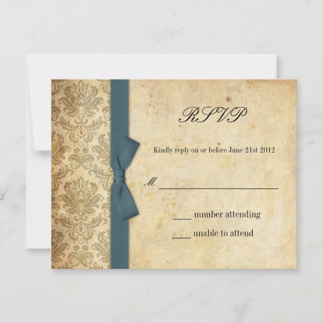 Aquamarin Damask Bow Wedding RSVP Karte (Vorderseite)