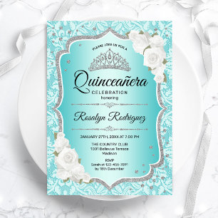 Aquamarin Damask Elegante Blumenschlucht Quinceane Einladung