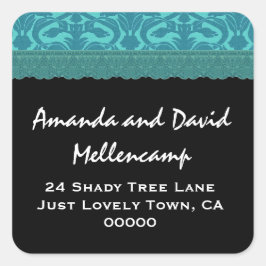 Aquamarin Damask Hochzeit-Rücksendeadressen-Aufkle Quadratischer Aufkleber