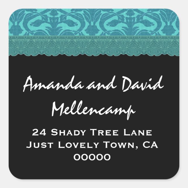 Aquamarin Damask Hochzeit-Rücksendeadressen-Aufkle Quadratischer Aufkleber (Vorderseite)