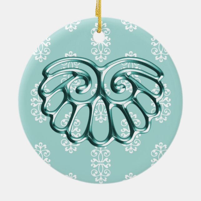 Aquamarin Damask Hochzeit Save the Date Keramikornament (Hinten)