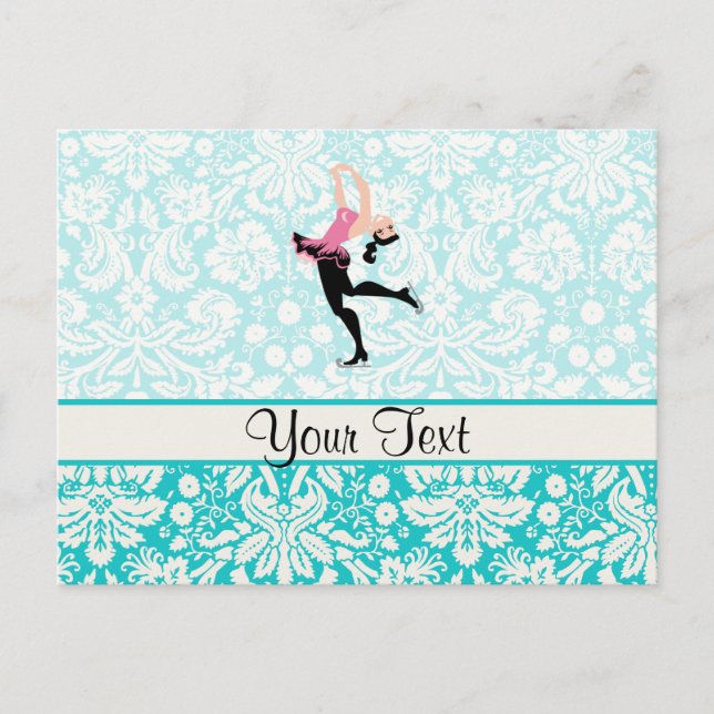 Aquamarin Damask Muster Ice Skaten Postkarte (Vorderseite)