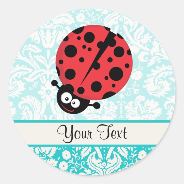 Aquamarin Damask Muster Ladybug Runder Aufkleber (Vorderseite)