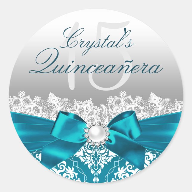 Aquamarin Damask & Pearl Bow Quinceanera Sticker (Vorderseite)