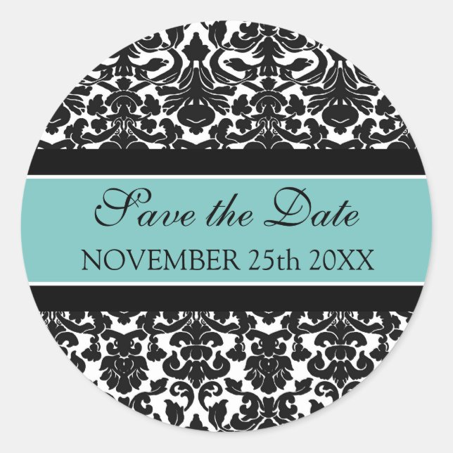 Aquamarin Damask Save the Date Umschlag Aufkleber (Vorderseite)