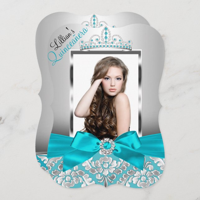 Aquamarin Damask Tiara Foto Quinceanera Einladung (Vorne/Hinten)