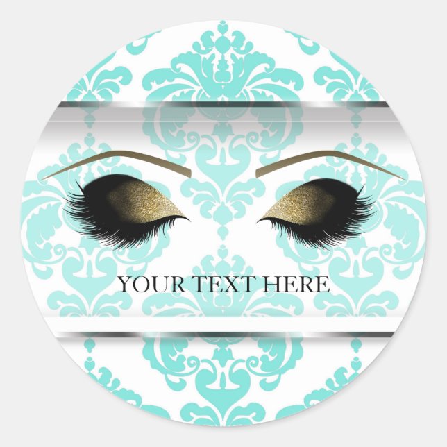 Aquamarin Damask Vintag Glam Modern Makeup Eyelash Runder Aufkleber (Vorderseite)