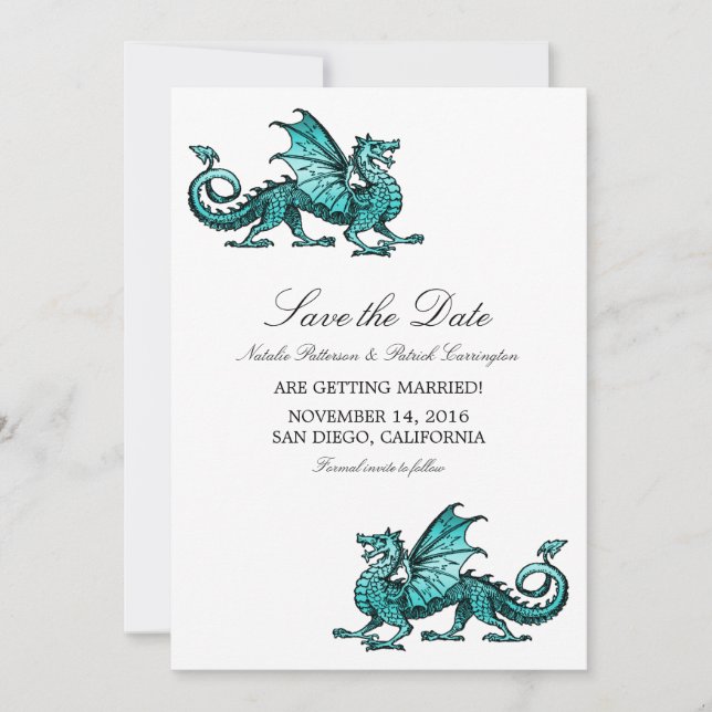 Aquamarin Drache Save the Date einladen Einladung (Vorderseite)