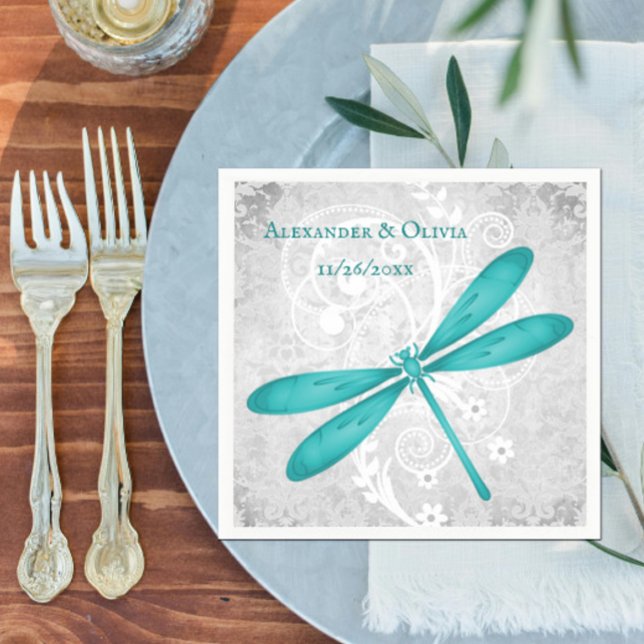 Aquamarin Dragonfly Brautparty Napkin Serviette (Teal Dragonfly Bridal Shower Napkin)