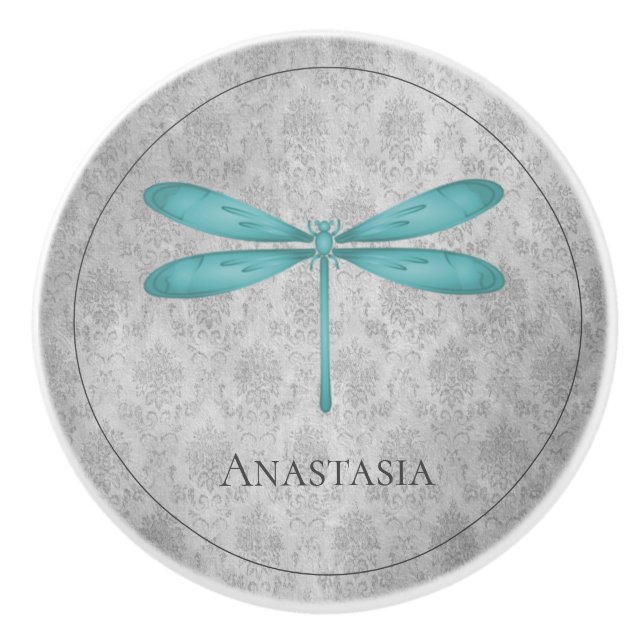 Aquamarin Dragonfly Damask Keramikknauf (Vorderseite)