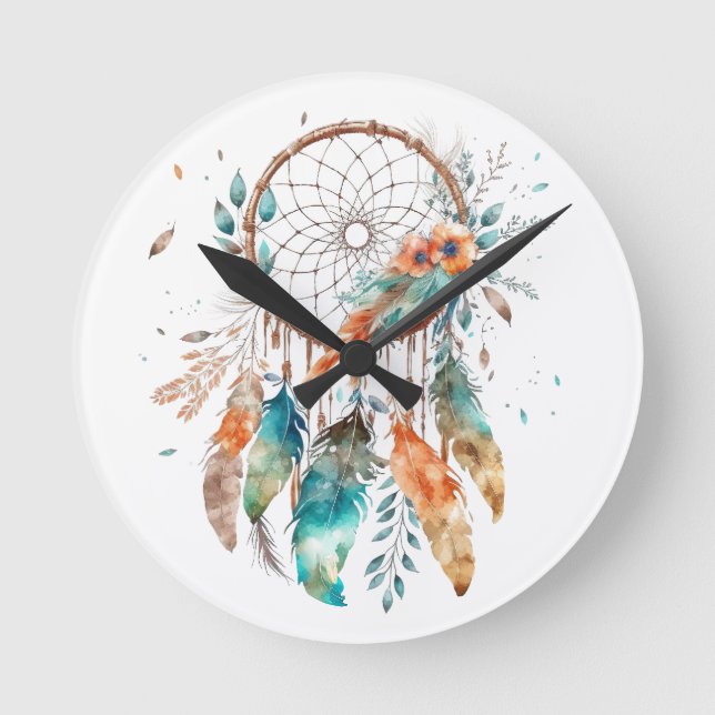 Aquamarin Feather Watercolor Dreamcatcher Runde Wanduhr (Vorderseite)